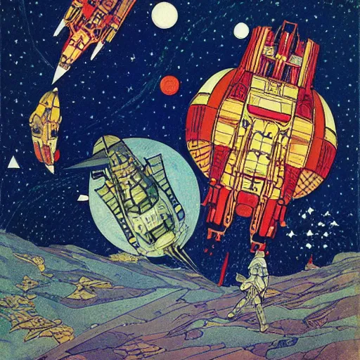 Prompt: spaceship battle, starry sky detailed ivan bilibin and edmund dulac and ilya kuvshinov and katsuhiro otomo
