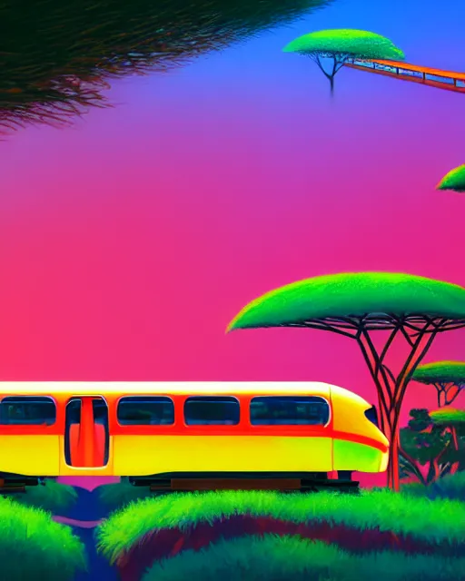 Prompt: a vibrant of africa immersive digital art experiences, lush plants, a monorail train, glowing lights, high fashion, magic details, by moebius, edward hopper, james gilleard, and james jean, hd, 8 k, trending on artstation, uhd,