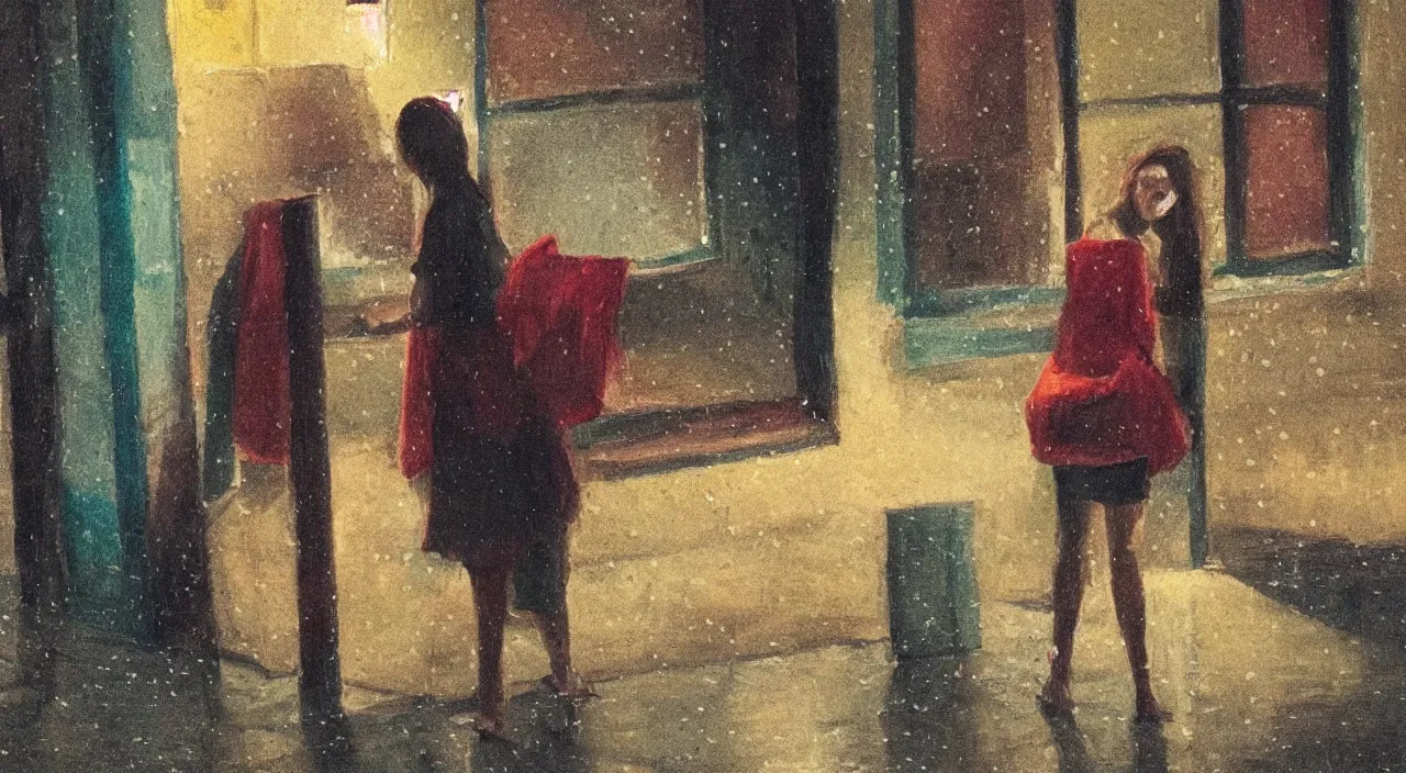 Prompt: a girl stuyding at night infront of rainy window