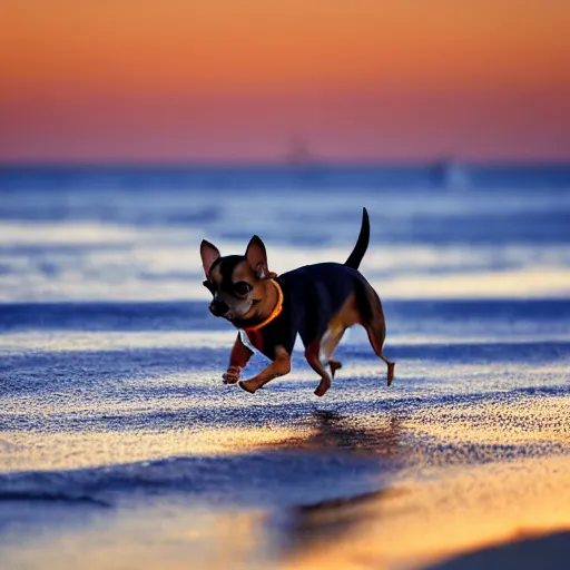 Prompt: high quality action photograph of a black and tan chihuahua running along a beach at sunset, boats in the background, golden hour, beautiful light, seaside, seashore, 2 0 0 mm, f 4, canon, nikon, flickr, 5 0 0 px, behance, award winning photograph