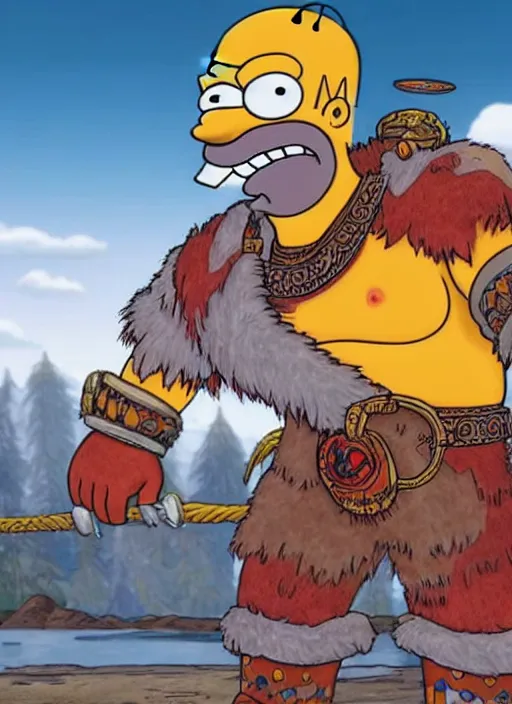Prompt: Homer Simpson depicted as Kratos God of War, high detailed official artwork