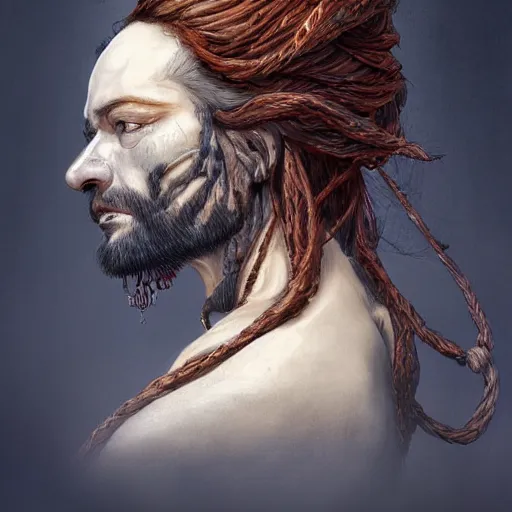 Image similar to portrait of a Shibari rope wrapped face and neck, headshot, insanely nice professional hair style, dramatic hair color, digital painting, of a old 17th century, old cyborg merchant, amber jewels, baroque, ornate clothing, scifi, realistic, hyperdetailed, chiaroscuro, concept art, art by Franz Hals and Jon Foster and Ayami Kojima and Amano and Karol Bak,