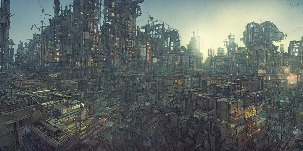 Image similar to ”a diesel punk city vista, Twilight, city lights, reflections, glares, perspective sky, HD, 8k, in the style of Katsuhiro Otomo, Ian mcque”