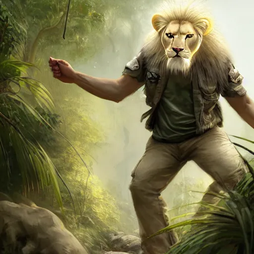 Image similar to commission portrait of a male anthro albino lion,wearing cargo pants and a boack t-shirt,going through a jungle cautiously.dramatic,character design by charles bowater,greg rutkowski,ross tran,hyperdetailed,hyperrealistic,4k,deviantart,artstation,professional photography,concept art