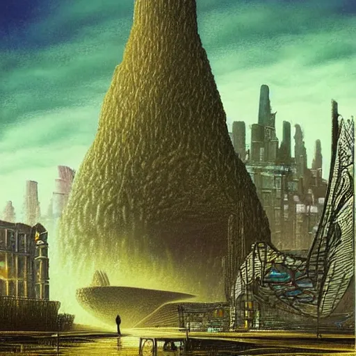 Prompt: artistic digital artwork of a city scene on an alien planet. beautiful landscape by vincent bons, michael whelan, remedios varo and gerardo dottori. grainy and rough. interesting pastel colour palette. beautiful light. oil and water colour based on high quality render.