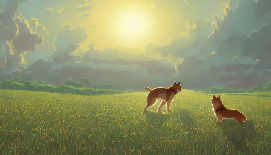 Image similar to a highly detailed matte painting of a shiba inu on an open field, by studio ghibli, makoto shinkai, by artgerm, by beeple, by greg rutkowski, volumetric lighting, octane render, 4 k resolution, trending on artstation, masterpiece