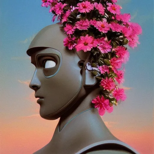 Prompt: a painting by Thomas Cole of a vaporwave robot head with flowers growing out, highly detailed 3d rendering from 1996