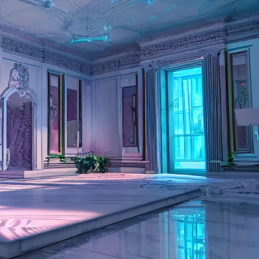 Prompt: liminal space interior of a vaporwave mansion high detail 3D rendered render in unreal engine 8K god rays volumetric lighting trending on art station