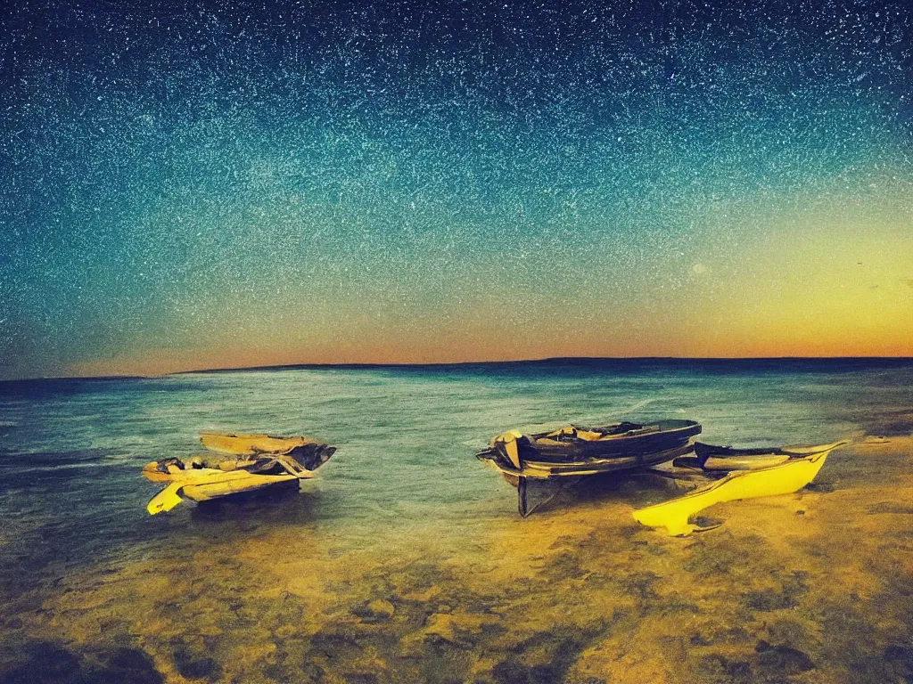 Prompt: “peaceful night full of stars at dawn on the sea clear waters lonely yatch far away blue green yellow tones artwork 4K HDR cinematic wide angle deep focus”