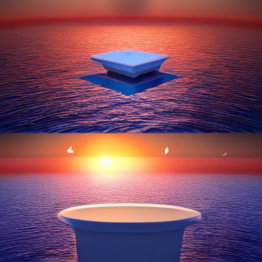 Prompt: a bathroom stall floating in the middle of the ocean, sunset, beautiful, ultra realistic digital art, 4k, cgsociety, HDR, Intricate