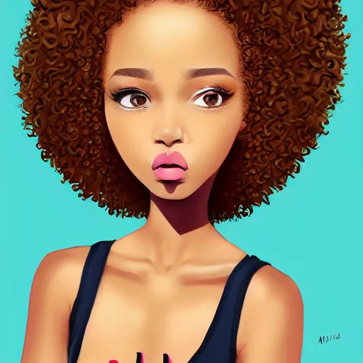 Prompt: digital artwork of super cute mixed race girl, oversized sweatshirt, long fingernails, sassy, cute, curly afro, illustration, highly playful and sultry, nice makeup, big lips, bashful, trending on artstation