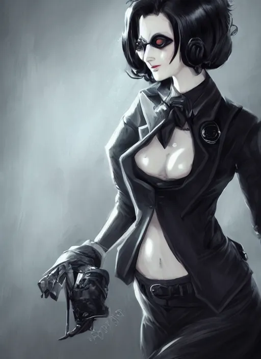 Prompt: a highly detailed illustration of beautiful short black messy haired woman wearing eyepatch!!! and noir style suit and tie, dramatic smiling pose, intricate, elegant, highly detailed, centered, digital painting, artstation, concept art, smooth, sharp focus, league of legends concept art, WLOP