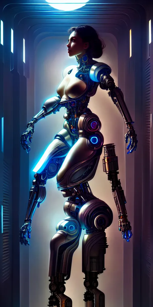 Image similar to ultra realistic, full body portrait of a beautiful woman cyborg, in a space metropolis, sci-fi, cyberpunk, concept art, intricate details, eerie, highly detailed, octane render, 8k, , art by artgerm and greg rutkowski and alphonse mucha