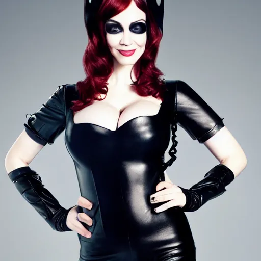 Prompt: Fully-clothed full-body portrait of Christina Hendricks as catwoman with eyes covered, leather thigh-high boots, professional, 8K