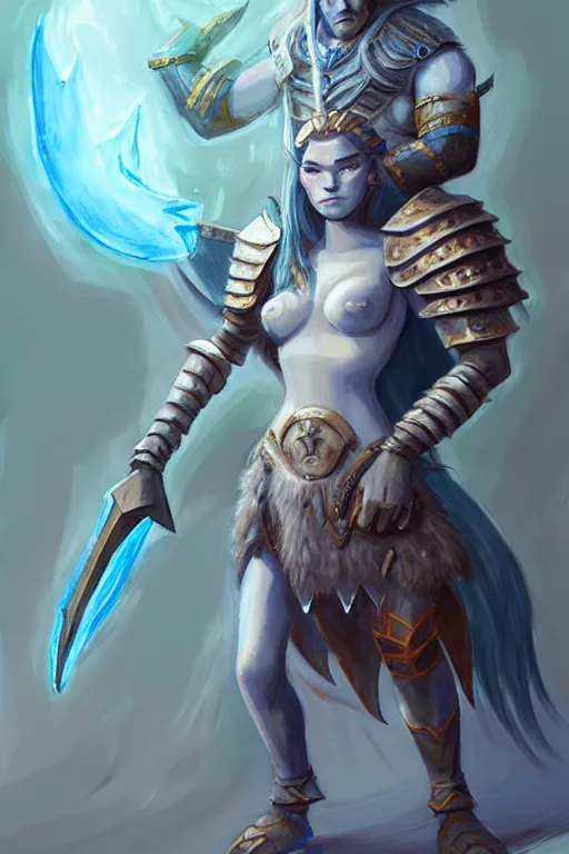 Image similar to a small blue-skinned triton girl wearing scale armor riding on a the shoulders of a large male goliath wearing fur and leather armor, dnd concept art, painting by Tyler Jacobson