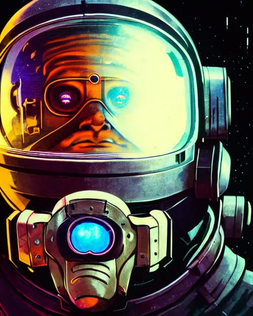 Prompt: torbjorn from overwatch, cyber suit, see through glass hologram mask, character portrait, portrait, close up, concept art, intricate details, highly detailed, vintage sci - fi poster, retro future, vintage sci - fi art, in the style of chris foss, rodger dean, moebius, michael whelan, and gustave dore