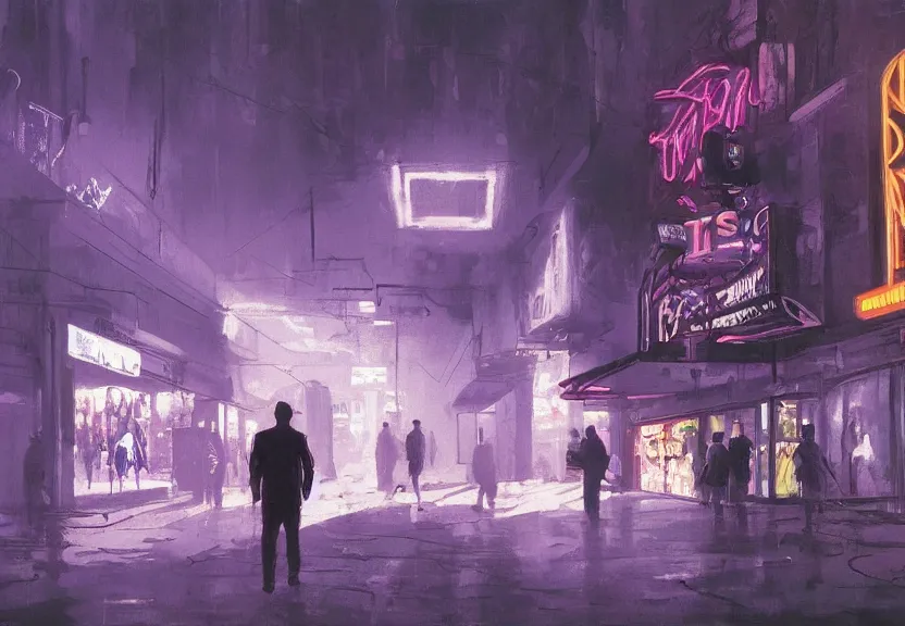 Image similar to painting of the figure of a man in a haunting scenery during the 1 9 8 0's, city, video club, arcade store, high contrast, concept art, fully colored, purple filter, neon, dramatic lighting, digital art, 8 k, extremely detailed, drawn by ruan jia