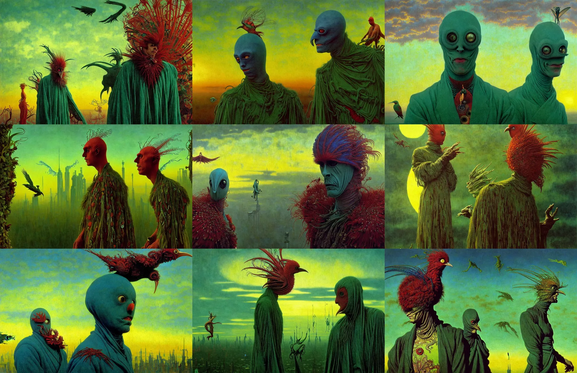 Prompt: realistic detailed portrait movie shot of a creepy birdman wearing green ragged robes, sci fi city sunset landscape background by denis villeneuve, amano, yves tanguy, alphonse mucha, ernst haeckel, max ernst, roger dean, masterpiece, rich moody colours, blue eyes