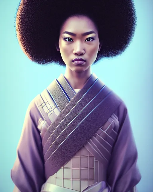 Prompt: portrait of pretty samurai with afro, female, prismatic highlights, super model, brown skin, blue eyes, telephoto, beautiful, depth of field, cinematic, macro, concept art, 50mm, art station, wepa digital, digital painting, elegant, epic, focus, octane render, v-ray, 8k, C4D, art by Karol Bak