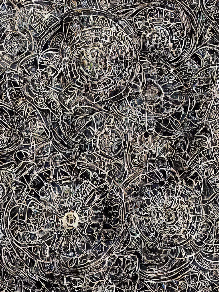 Prompt: symmetrical mandala pattern of machine guns, shotguns, rifles, revolvers, bullets, styled as a tattered paperback cover, ultra-realistic, intricate fluid details,