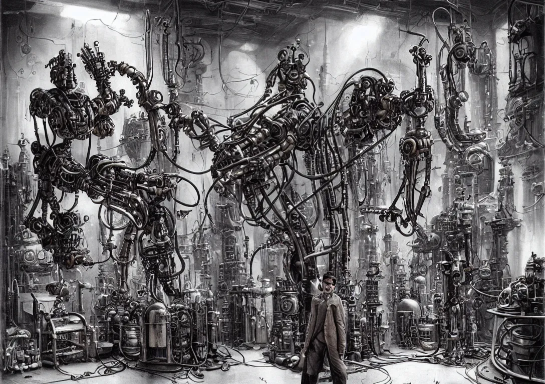 Image similar to a man in a messy steampunk workshop inspecting a futuristic robot hand in the style of wayne barlowe, dali, boris vallejo