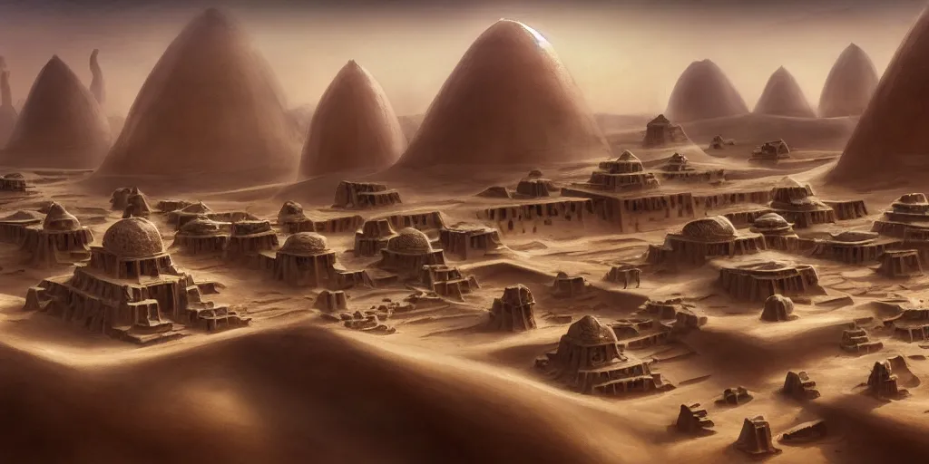 Prompt: a temple city surrounded by white sand desert dunes, merchants, camels, matte oil painting, chrome cathedrals, retrofuturistic, concept art, science fantasy, mutant, rpg, epic, rust, salt, jungle, dungeons & dragons, sharp focus, award - winning, extremely detailed, 4 k, 8 k