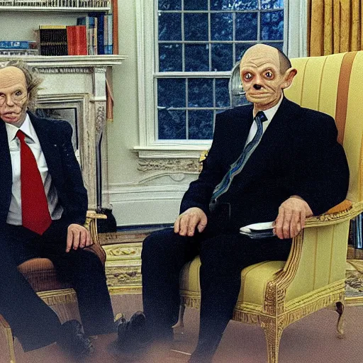 Image similar to president gollum and sauron in an oval office meeting to discuss the one ring