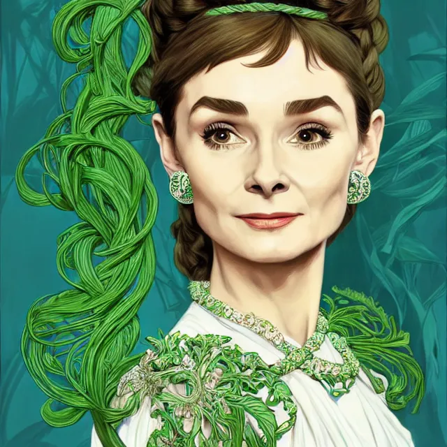 Prompt: ivory carved mage audrey hepburn with braided hair, wearing green and blue ornate robe, plants, intricate, elegant, highly detailed, digital painting, artstaion, full body action concept art, smooth, sharp, focus, illustration, art by artgerm, alphonse mucha, ilya kuvshinov