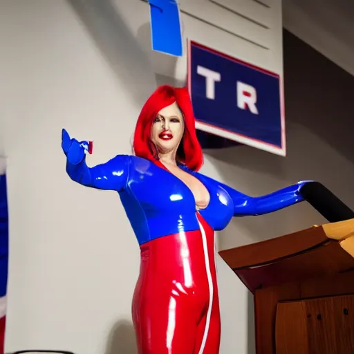 Image similar to Donald Trump wearing red, white, blue latex catsuit while at the podium, photograph, 8k, hd, trending on artstation, 35mm,