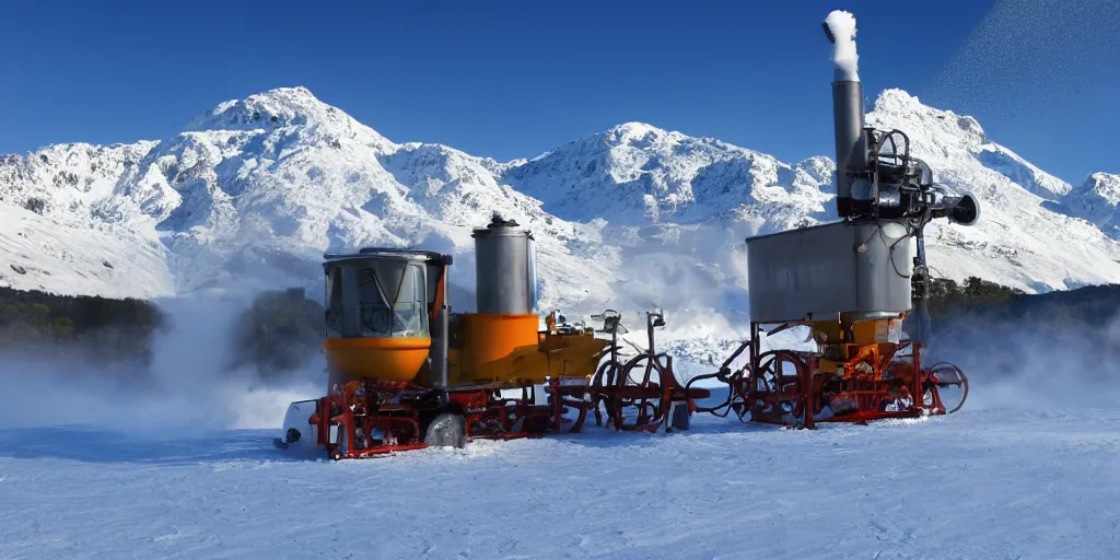 Prompt: snowmaking machine, snowy mountains at background, realistic, 8 k