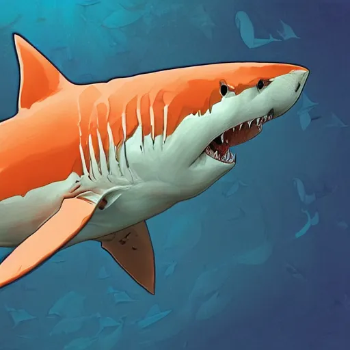 Prompt: great white shark, side view, with a silver and orange striped traffic cone construction cone on its dorsal fin, mandala background fractal background detailed - ron cheng & alphonse mucha, highly detailed, digital painting, ray tracing, concept art, illustration, smooth sharp focus, intricate, symmetry, artstation,