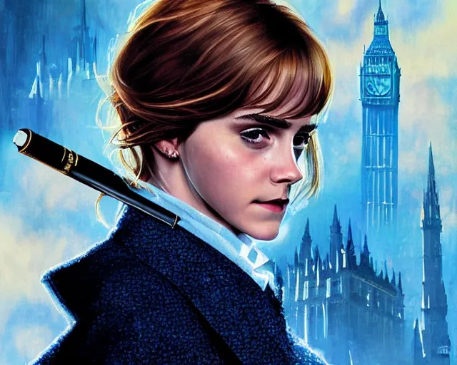 Image similar to emma watson as sherlock biting a cigarette pipe, airbrush art, drew struzan illustration art, key art, movie poster