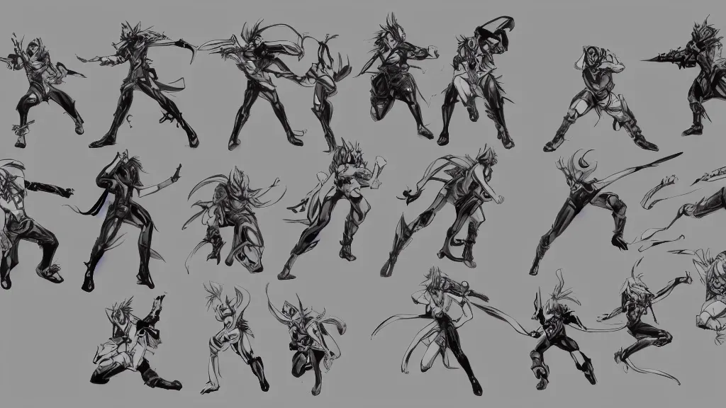 anime dynamic action poses sketch sheet, trending on