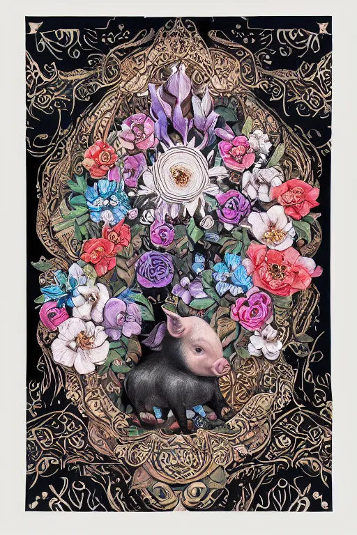 Image similar to Painted dark-wood panel relief carving of a Flowerpunk Piglet, White and pale blue toned, ornate border frame, explosion of colorful flowers, dark wood, intricately carved, black ink, festival of rich colors, intricate details, cinematic lighting, volumetric lighting, post-processing, art nouveau, tarot, fractal art, mandala, by andreas rocha and john howe, and Martin Johnson Heade, featured on artstation, featured on behance, golden ratio, hyper detailed, photorealistic, epic composition, center spotlight, f32, well composed, symmetrical, UE5, 8k