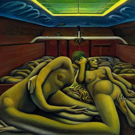 Image similar to twenty thousand leagues under the seas, grant wood, pj crook, edward hopper, oil on canvas