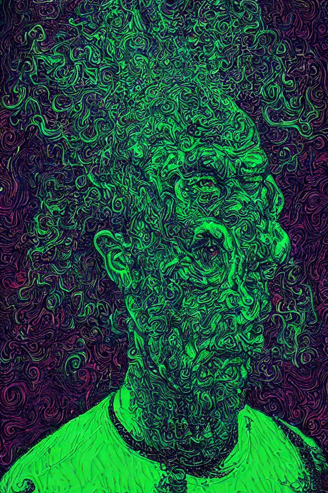 Image similar to bizarre green blacklight detailed renaissance portrait of homer simpson as a highly detailed realistic real life, dramatic cinematic lighting, 8 k, beautiful intricate painting by james r eads and tomasz alen kopera