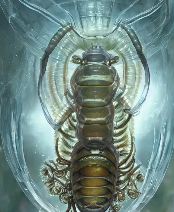 Image similar to opulent transparent clear see - through portrait of a terrifying beautiful male alien isopod cyborg, mottled coloring, adorable, childlike, overgrown biopunk jungle environment, ultra realistic, concept art, art nouveau, photorealistic, octane render, 8 k, unreal engine. art by christopher marley and artgerm and greg rutkowski and alphonse mucha