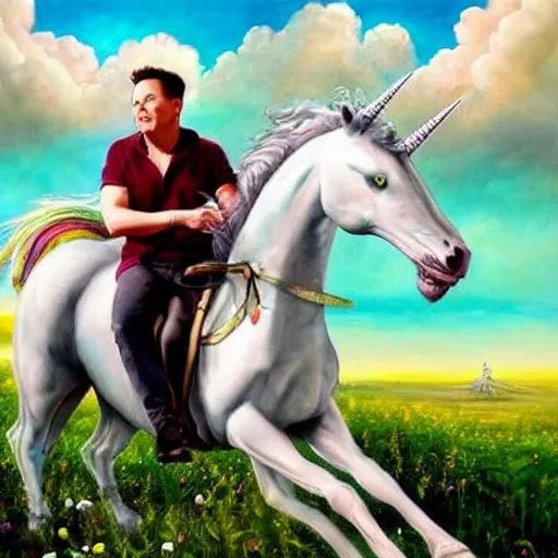 Image similar to an extremely high quality hd surrealism painting of elon musk riding a unicorn with emma watson's face