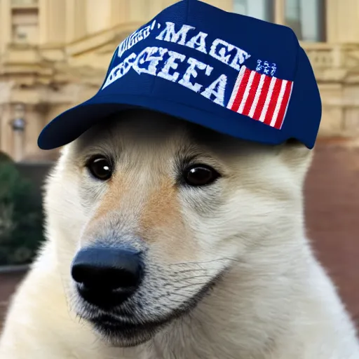 Image similar to doge wearing a make america great again cap, realistic, super detailed, wide shot, 8 k,