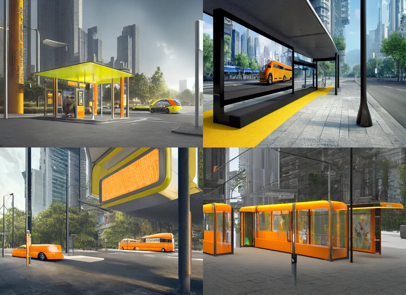 Prompt: a beautiful hyper realistic photograph, octane render, cyberpunk bus stop, by norman foster + tadao ando, extremely detailed, chartpak ad markers, pastel color, yellow and orange color scheme, 8 k,