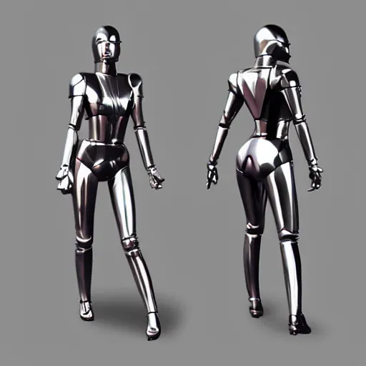 Prompt: Low poly Hot slim fit attractive steel cylon woman from battlestar galactica chrome cylon invasion centurion robot