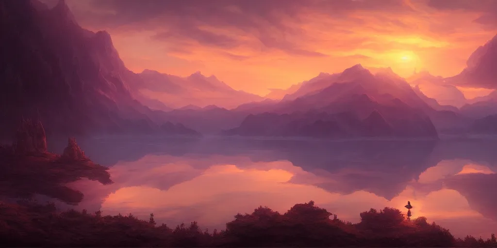 Image similar to a painting of a sunset over a lake, a detailed matte painting by andreas rocha, featured on deviantart, fantasy art, matte painting, terragen, detailed painting