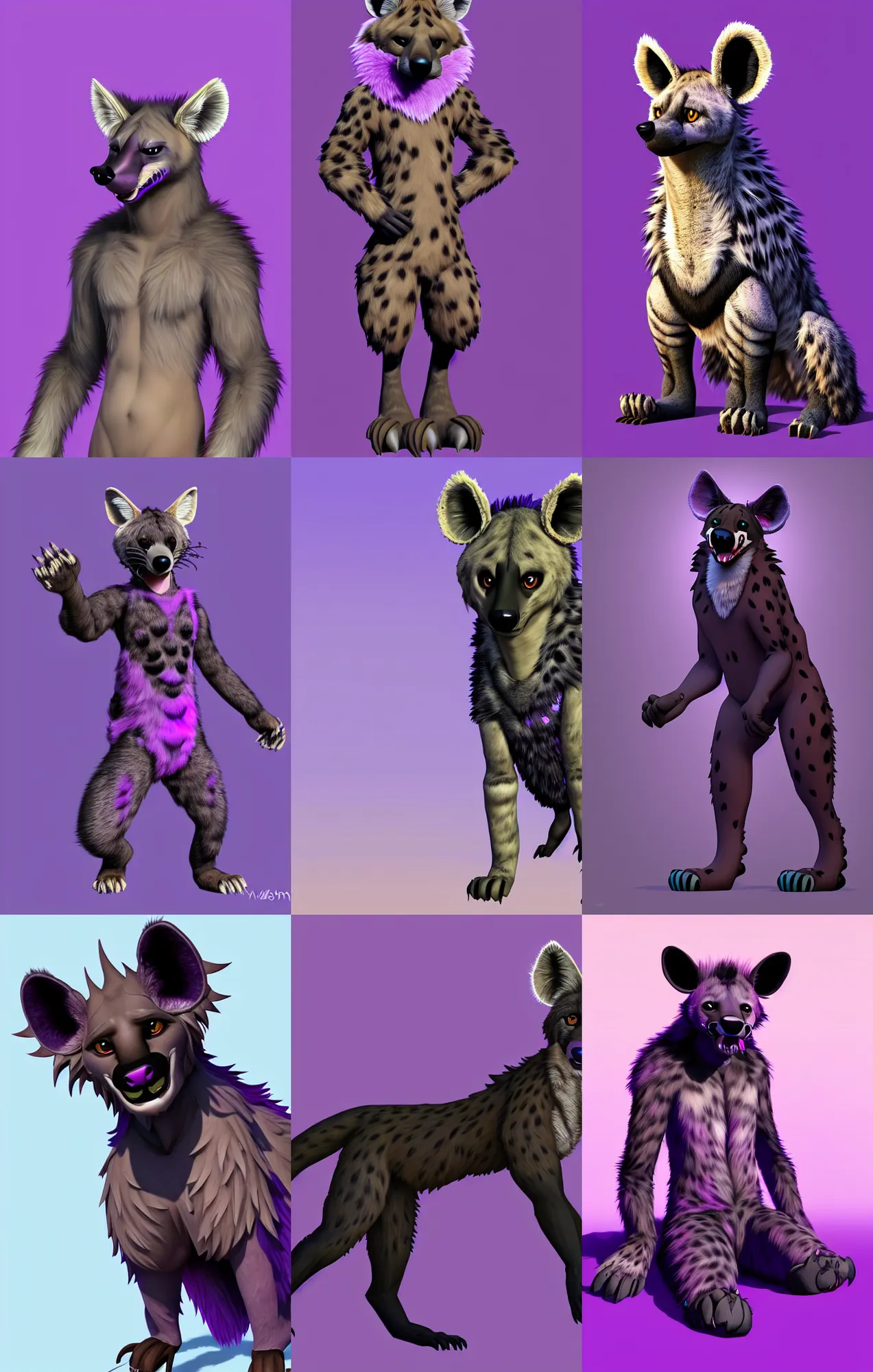 Prompt: a full - body centered front - perspective furry male fursona portrait, a male hyena fursona, purple and black fur color scheme, idyllic setting with natural background, trending on weasyl, painted in zbrush, high - resolution, godrays, photorealistic