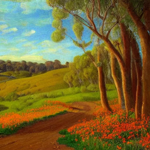 Prompt: a painting of a dirt road surrounded by eucalyptus trees and california golden poppies, woodland hill in the distance. an oil painting by Julian Onderdonk, green orange violet triadic color palette, featured on deviantart, australian tonalism, pre-raphaelite, impressionism, detailed painting