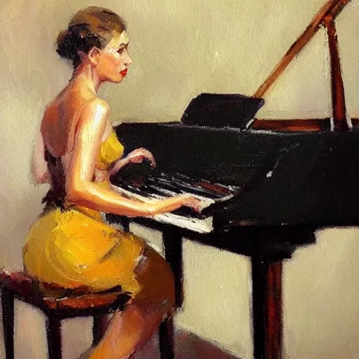 Image similar to a painting of a woman playing a piano, an acrylic painting by Raymond Leech, featured on pinterest, figurative art, oil on canvas, acrylic art, art on instagram