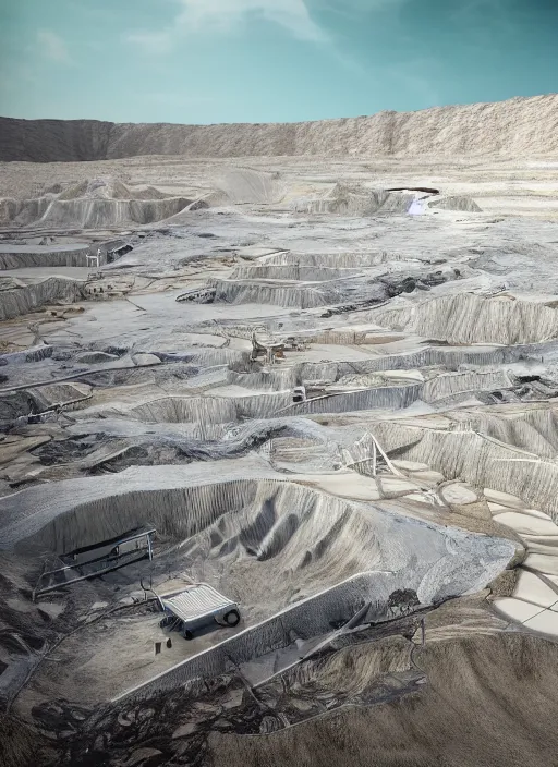 Prompt: bioremediation white architecture, in the mining tailings of chuquicamata, epic, cinematic, hyperealistic, high detailed, corona render, hdr, ray tracing