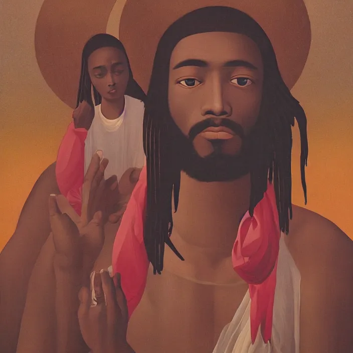 Prompt: many UFOs hovering over an African Jesus, painting by Hsiao-Ron Cheng,