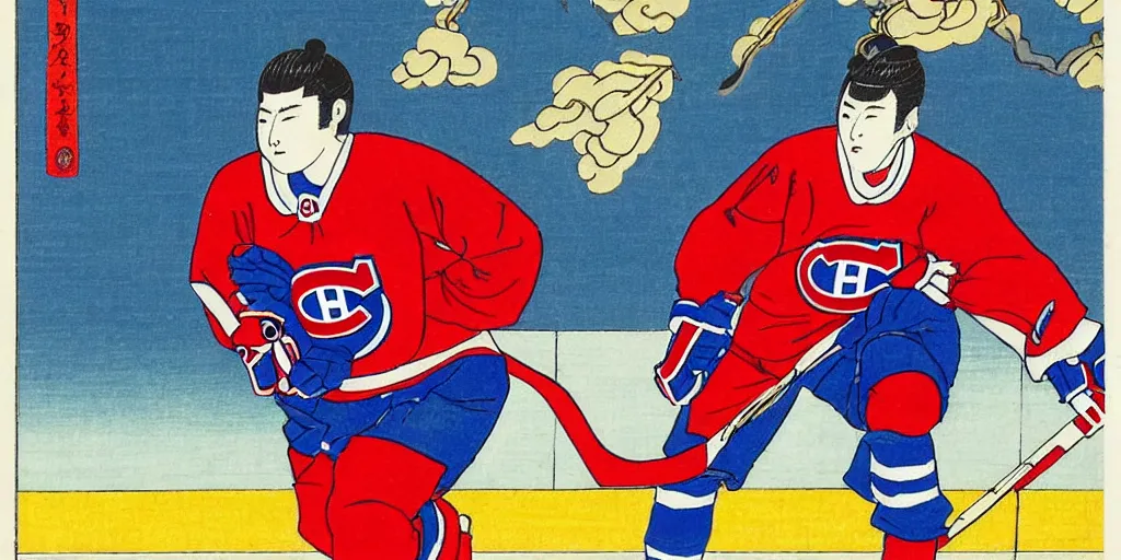 Prompt: habs hockey player suzuki breakaway ukiyo - e style,