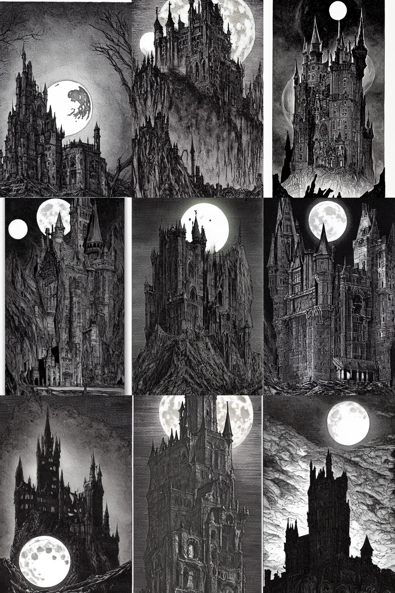 Prompt: Gothic Castle in front of a full moon by bernie wrightson, horror,