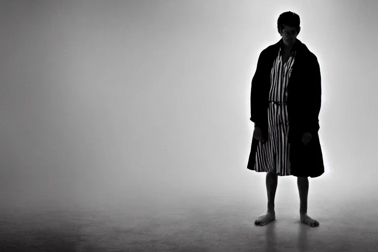 Prompt: a cinematic portrait of a mental patient dressed in a a black and white striped clothing, in a small brilliant white prison cell, red color theme, dust storm, annie leibovitz and zack snyder, 8 k, hd, high resolution, 8 5 mm, f / 1. 8